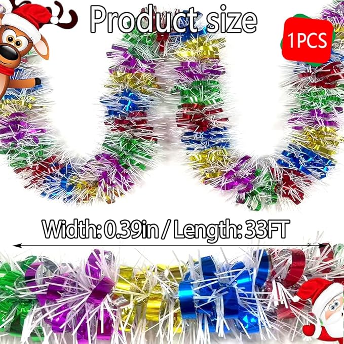 33Ft Long Tinsel Twist Garland Shiny Thick Metallic Foil Xmas Tree Decorations for Birthday Party Christmas New Year Parties Parade Floats and Other Holidays Hanging Decor Supplies-(Colours+White)