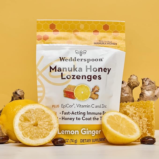 Wedderspoon Manuka Honey Immunity Lozenges, Lemon Ginger, 2.6 Oz (Pack of 1), Genuine New Zealand Honey, Boost Immunity Within Two Hours