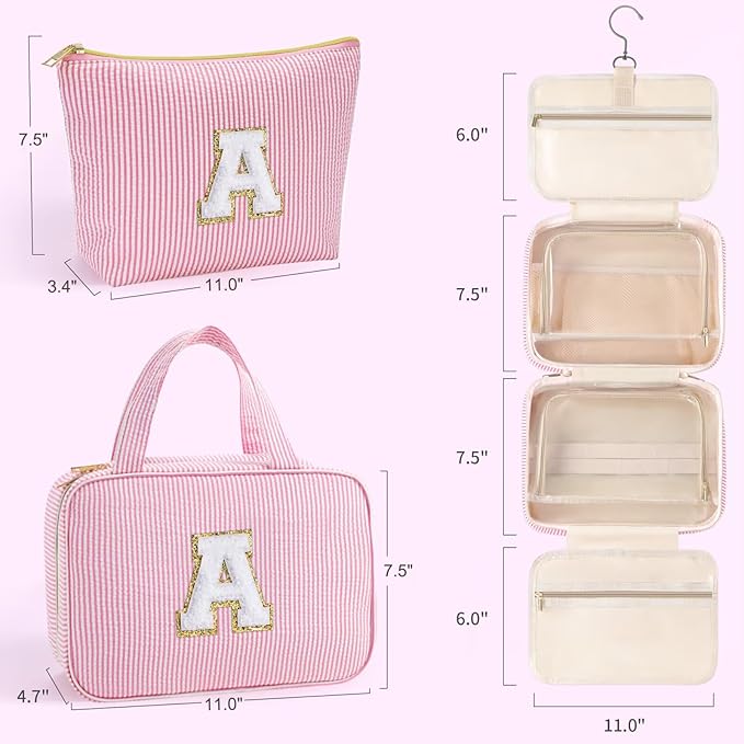 YOOLIFE Mothers Day Gifts for Mom Daughter - Initial Hanging Toiletry Bag, Birthday Gifts for 8 9 10 11 12 13 14 15 16 Year Old Girls, Travel Makeup Bag Gift for Women Girls Sister, Letter A, Pink