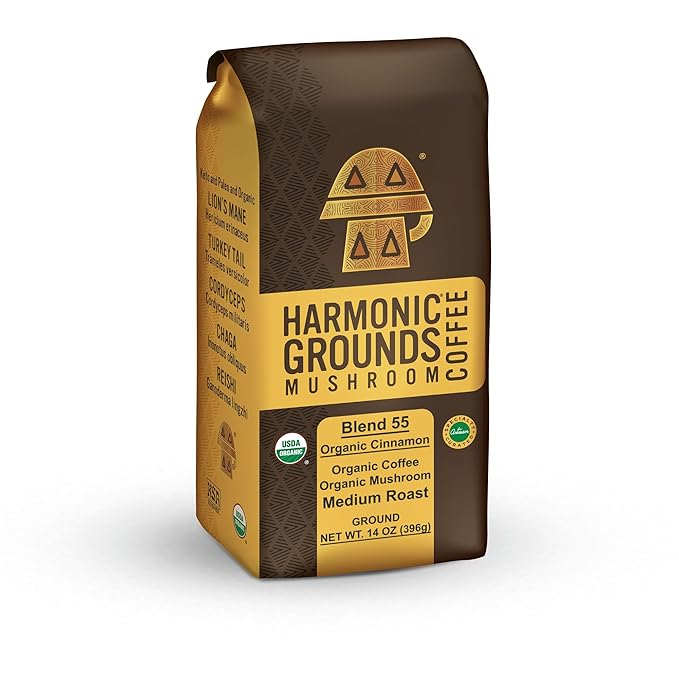 Harmonic Grounds Organic Cinnamon Medium Roast Mushroom Coffee | Organic Ground Coffee with Functional Mushrooms | Lion’s Mane, Reishi, Chaga, Cordyceps, Turkey Tail | Fruiting Body Only | 14 oz Bag