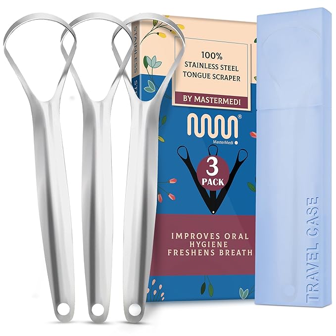 MasterMedi Tongue Scraper for Adults, 100% Stainless Steel for Bad Breath, Easy to Use, Tongue Cleaner for Oral Care (Pack of 3 with 1 Case)
