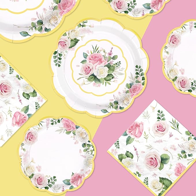 250Pcs Floral Tea Party Supplies Pink Floral Scalloped Plates Napkins Cups Pink Flower Garden Tableware Set for Spring Wedding Bridal Shower Baby Shower Garden Tea Party Decorations Serves 50