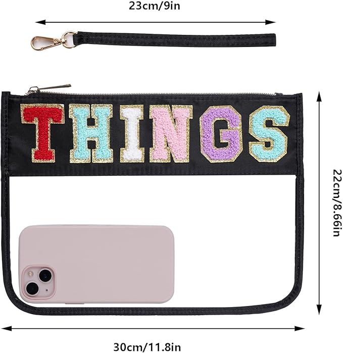 Chenille Letter Bag, Multi-purpose Nylon Clear Makeup Cosmetic Bags Flat Pouches with Zipper for Travel, Gym, Beach (Black-Things)