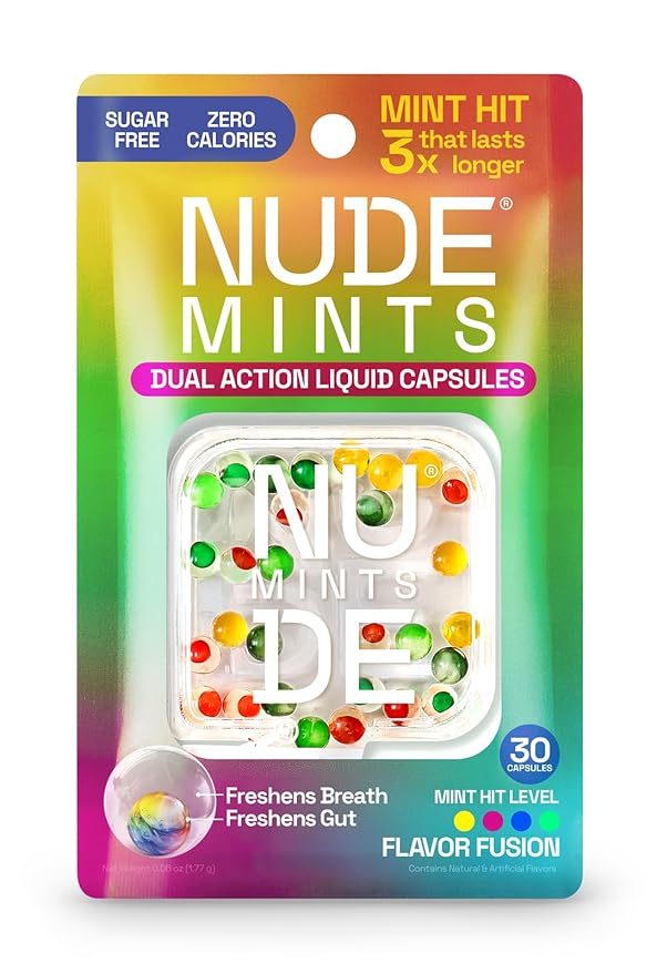 NUDE MINTS | Dual Action Liquid Capsules | Mouth Watering Mint - Lasts 3X Longer - 3X Stronger - Extreme Bad Breath Treatment For Adults - Sugar Free, 0 Calorie - All Flavors - 5 Pack - 150 Capsules