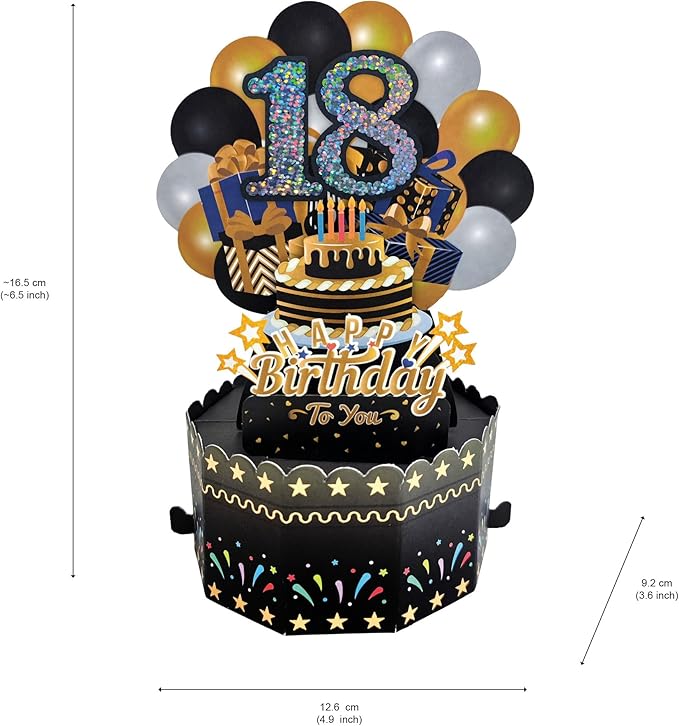 18th Birthday Cards 3D Popup Birthday Greeting Cards - Birthday Greeting Card for Girls and Boys, with Blank Note and Envelope Included (Black Gold)