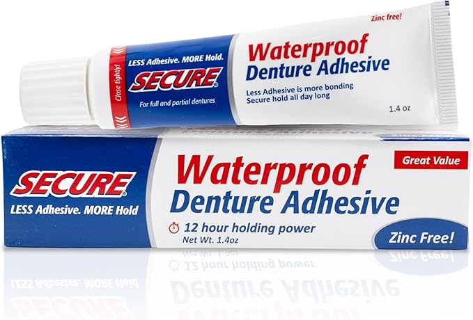 Secure Waterproof Denture Adhesive - Zinc Free - Extra Strong Hold For Upper, Lower or Partials - 1.4 oz