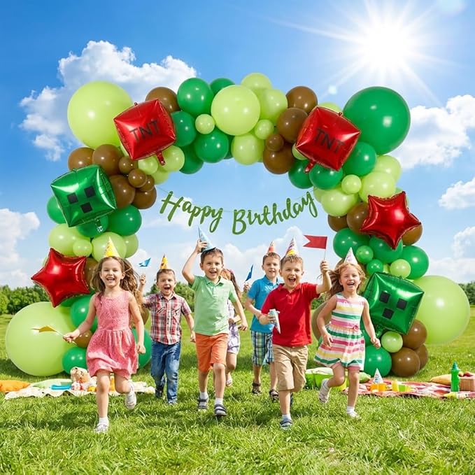 130Pcs Green Balloon Arch Garland Kit with Lime Green Brown Square Star Foil Balloons for Gaming Theme Party Decor, Birthday Party Supplies, Kids' Party Crafts and Decorations
