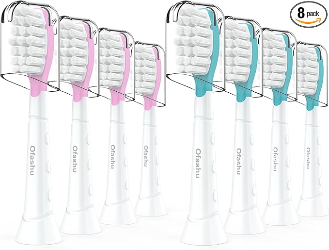 Kids Replacement Toothbrush Head for Sonicare: Ofashu Children Sonic Electric Toothbrush Brush Head for Philips 6321 6340 6032/94 6042, 8 Packs for Boys Girls 7+, Pink & Green