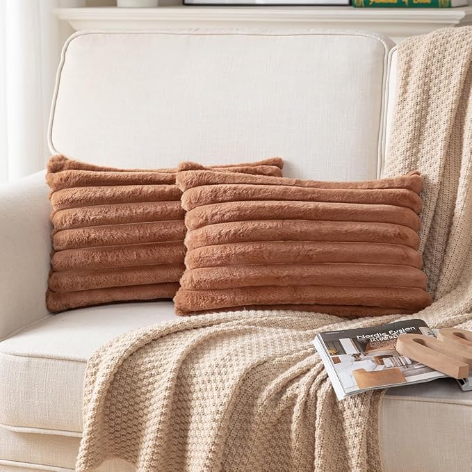 DEELAND Pack of 2,Double-Sided Faux Fur Plush Decorative Throw Pillow Covers Fuzzy Striped Soft Pillowcase Cushion Covers for Sofa Couch Bedroom Brown 12x20 inch