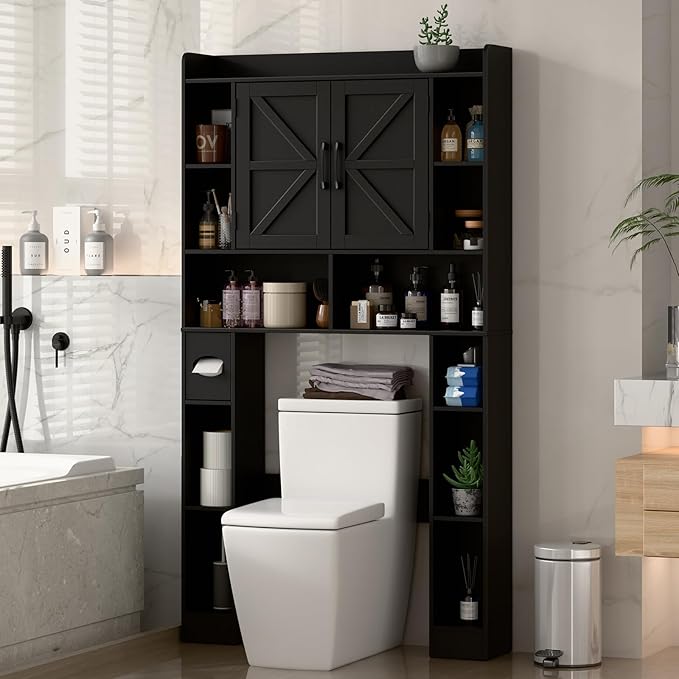 Farmhouse Storage Cabinet Over Toilet with Barn Doors，Over The Toilet Storage Cabinet, Home Space-Saving Toilet Rack, for Bathroom, Restroom, Laundry.Pure Black