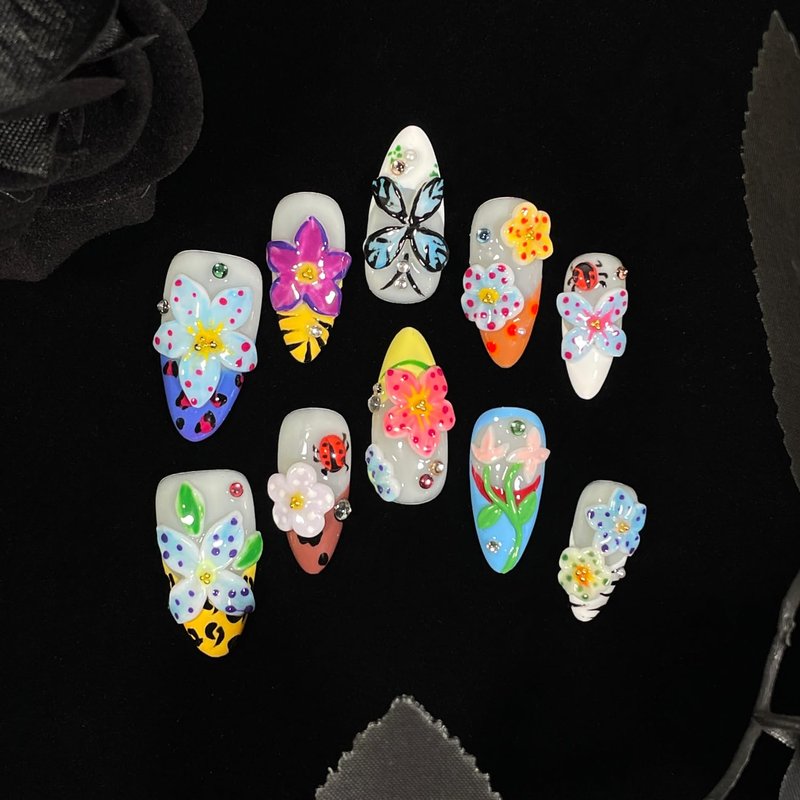 Handmade Press On Nails 3D Floral & Butterfly with Red Ladybug Fake Nails Medium Almond Acrylic Nail Tips Luxury Enchanted Garden Stick on False Nails Dreamy Nails (Garden, L)