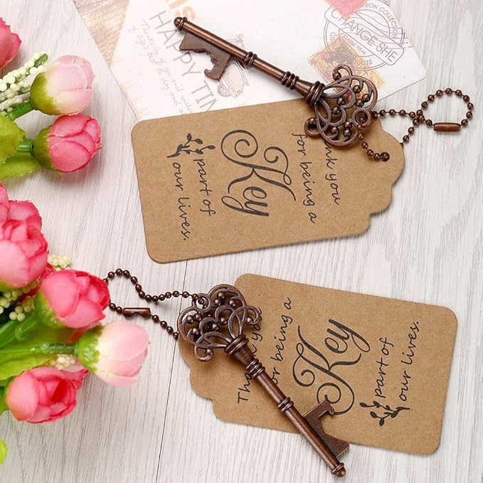 WODEGIFT 100 PCS Wedding Favors/ Party Favors Key Bottle Opener,Vintage Skeleton Key Bottle Openers with Escort Tag Cards and Key Chains(Red Copper)