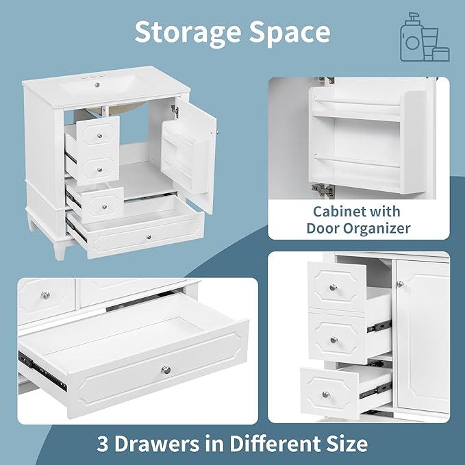 Bathroom Vanity with Ceramic Sink 30 inch, Multi-Functional Storage Cabinet with Drawers and Door Shelf, Solid Wood Frame, Soft-Closing Door, White