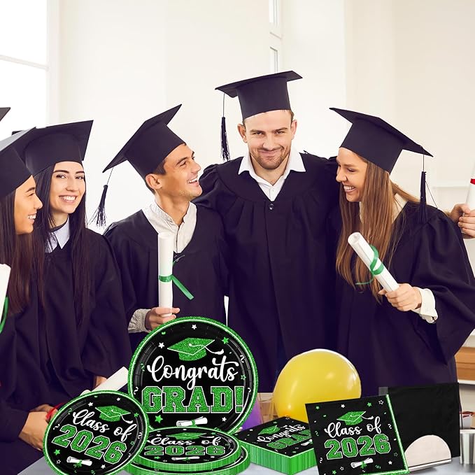 Black and Green Graduation Decorations,200Pcs Black and Green Graduation Plates and Napkins Congrats Grad Class Of 2026 Plates for Graduatio Party Supplies ,Serve 50