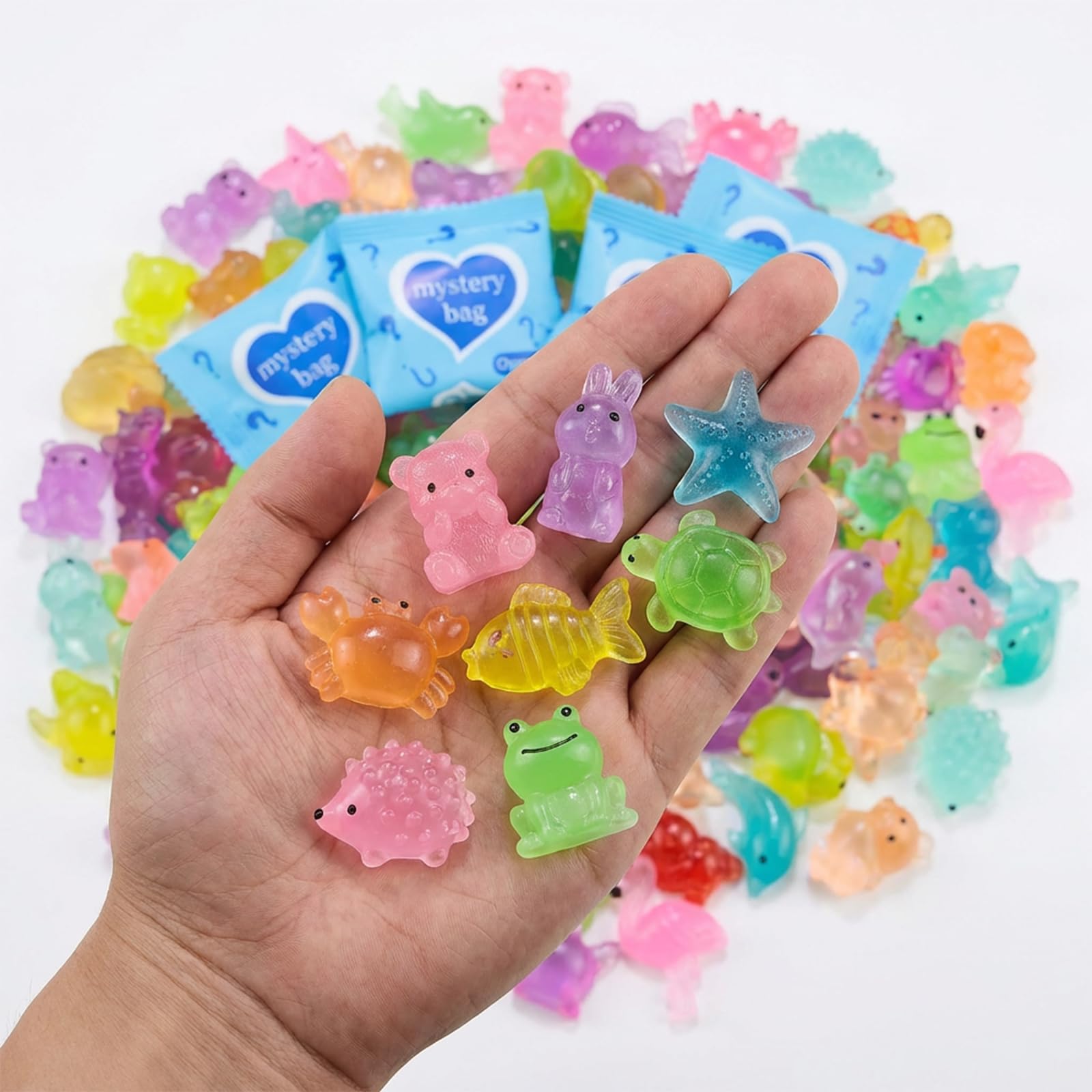 Brio Supply 200 Pcs Mini Resin Animals Blind Bags, Glow in The Dark & Glitter Mystery Animals, Individually Wrapped Tiny Luminous Miniatures for Fairy Garden, Micro Landscape, DIY Crafts