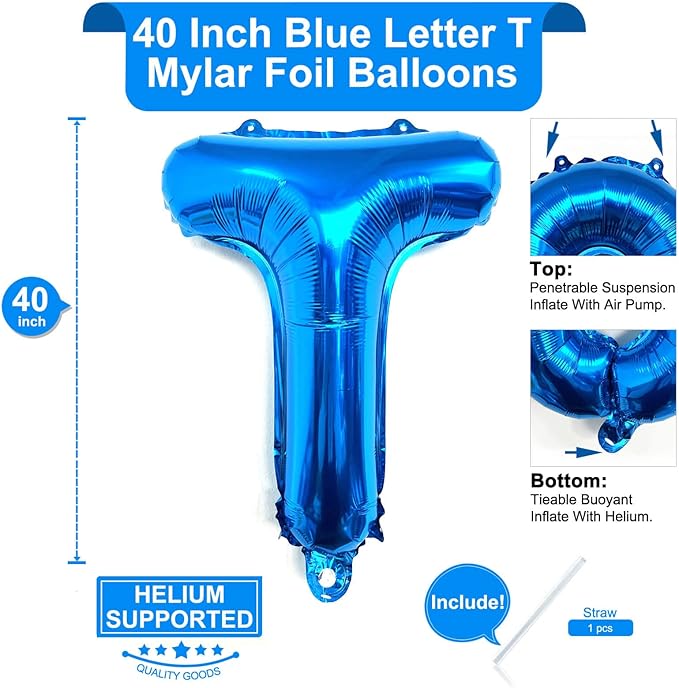 Lovoir 40 Inch Large Blue Letter T Balloons Big Size Jumbo Mylar Foil Helium Balloon for Birthday Party Celebration Decorations Alphabet Blue T
