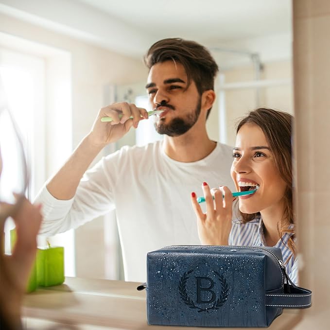 Personalized Gifts Travel Toiletry Bag for Men Engraved Initial PU Leather Waterproof Shaving Bag for Toiletries Accessories Fathers Day Birthday Gift for Men Dad Husband Son, Dark Blue F