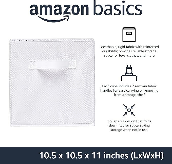 Amazon Basics Collapsible Fabric Storage Cubes Organizer with Handles, Sturdy, White, 10.5-x-10.5-x-11-inch, Pack of 6