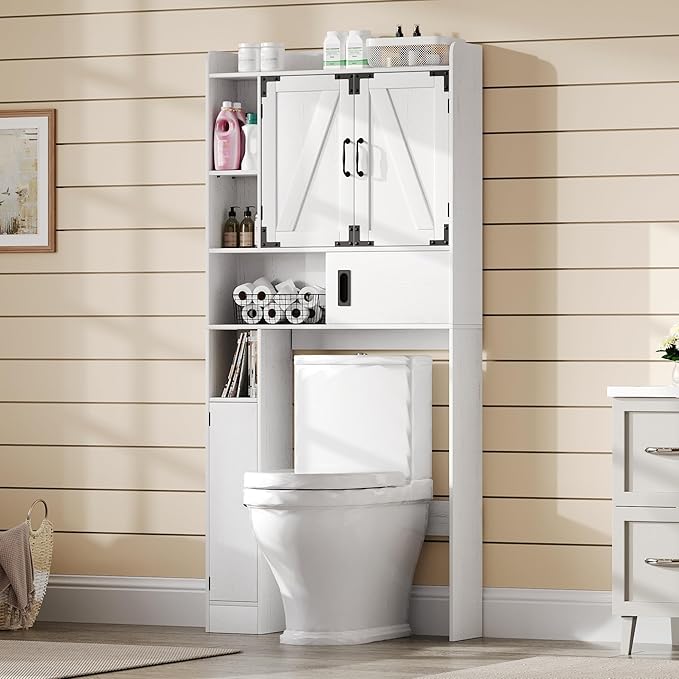 ChooChoo Over The Toilet Storage Cabinet, Farmhouse Bathroom Shelf Over Toilet with Adjustable Shelves, Above Toilet Storage Cabinet with Sliding Door for Bathroom, Laundry Room, White