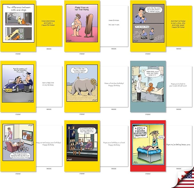 NobleWorks 36 Assorted Box Set Hysterical Everyday Mixed Occasions Greeting Cards w/ 5 x 7 Inch Envelopes for Men and Women (36 Designs, 1 Each) Fun Toons AC10047EXG-B1x36