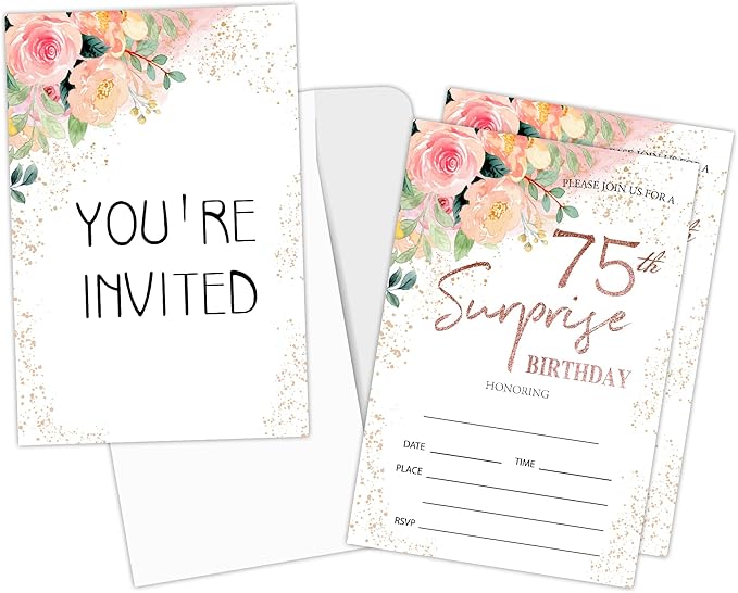 Zodvery Surprise 75th Birthday Party Invitations Cards - 75 Years old Rose Floral Pink Theme Party Supplies for Adult, Woman or Man - 20 Fill in Birthday Party Invitations and 20 Envelopes set/65