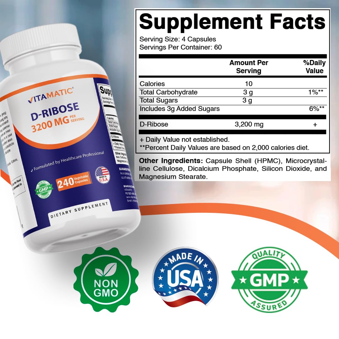 Vitamatic D-Ribose 3200 mg per Serving – Energy Support Supplement – 240 Vegetarian Capsules – Non-GMO & Gluten Free, Made in USA
