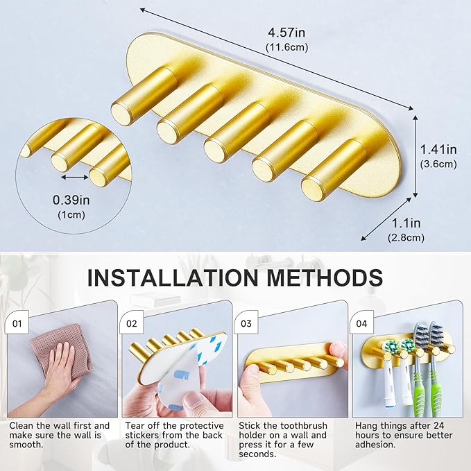 Electric Toothbrush Head Holder, Toothbrush Holders Wall Mounted, Adhesive Tooth Brush Head Holder Organiser, Electric Toothbrushs Holder, Shower Tooth Brushing Holder (Gold, Large)
