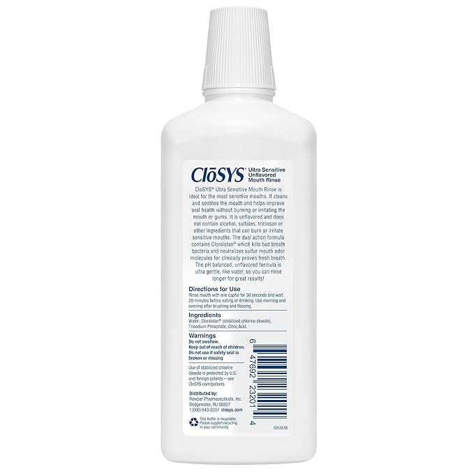 CloSYS Ultra Sensitive Mouthwash, Unflavored Alcohol Free, Dye Free, pH Balanced, Helps Soothe Entire Mouth – 32 Oz (Pack of 2)