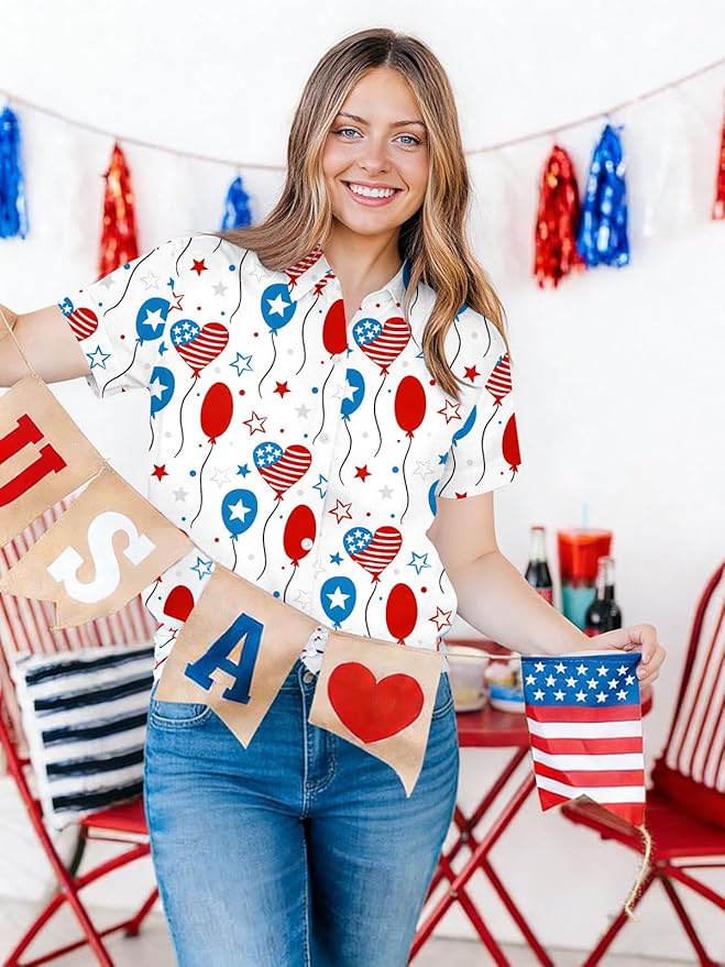 4th of July Shirts Women American Flag Patriotic Shirt Independence Day Short Sleeve Button Down Outfits