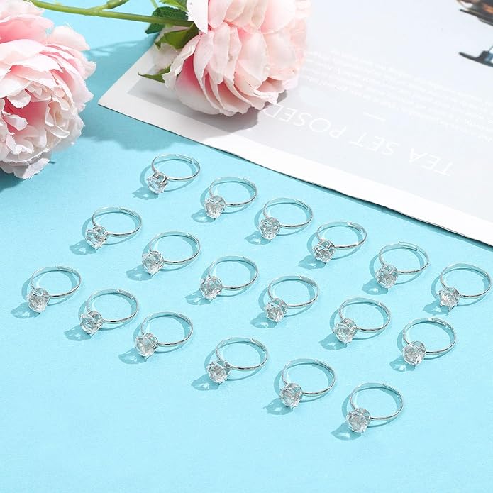 NEWITIN 120 Pieces Fake Rings Diamond Engagement Rings Silver Ring for Bridal Shower Party Game Wedding Table Decorations