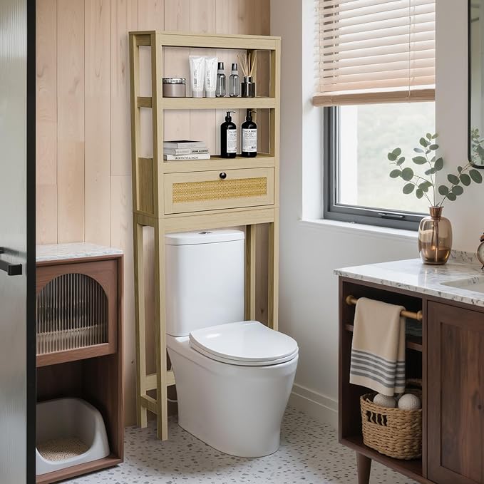 Over The Toilet Storage Cabinet, 3-Tier Behind Toilet Bathroom Organizer, Wooden Above Toilet Storage Shelf with Rattan Door, Space Saver for Restroom, Bathroom, Laundry