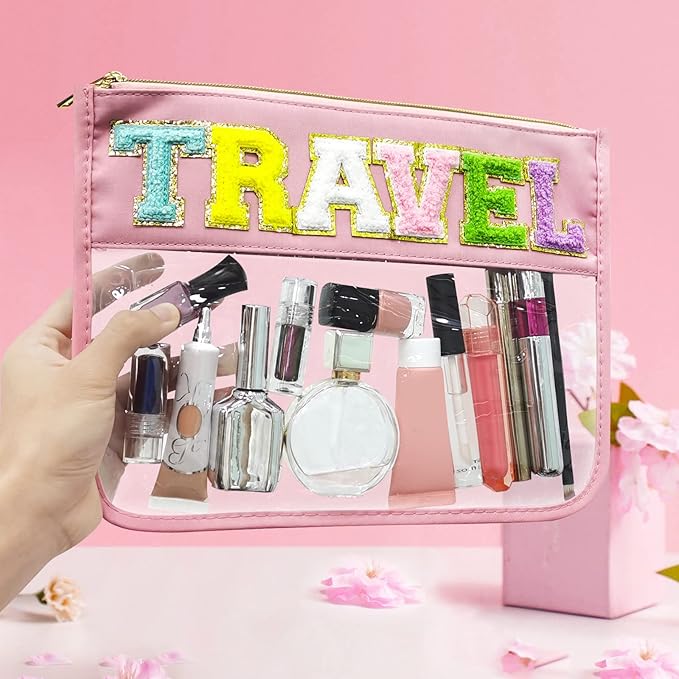 Chenille Letter Clear Zipper Pouch Nylon Makeup Bag, Preppy Makeup Bag Clear Cosmetic Toiletry Bag, Water-proof Makeup Travel Pouch Snack Bags for Women (Pink)
