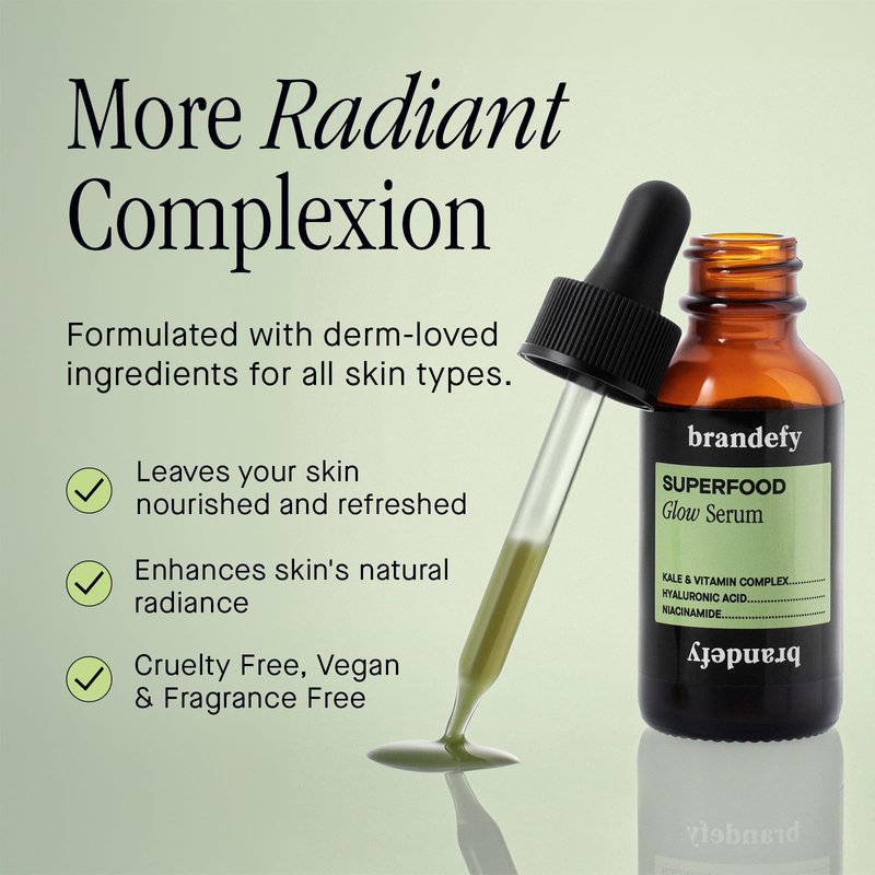 Brandefy Superfood Glow Serum - Kale & Vitamin Complex, Hyaluronic Acid, Niacinamide - Hydrating, Antioxidant Serum for Radiant Skin, Made in the Canada (1 Fl Oz)