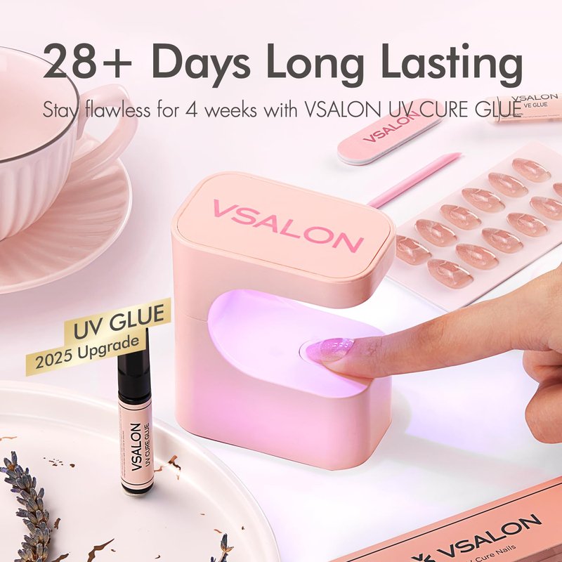 VSALON Press On Nails Short Almond- Cat Eye Silver Shimmer Nails Kit