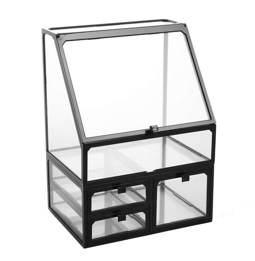 MOOCHI Black Vintage Glass Cosmetic Makeup Organizer 3 Drawers Set Dust Waterproof Cosmetics Storage Display Case Countertop for Brushes Lipsticks Jewelry
