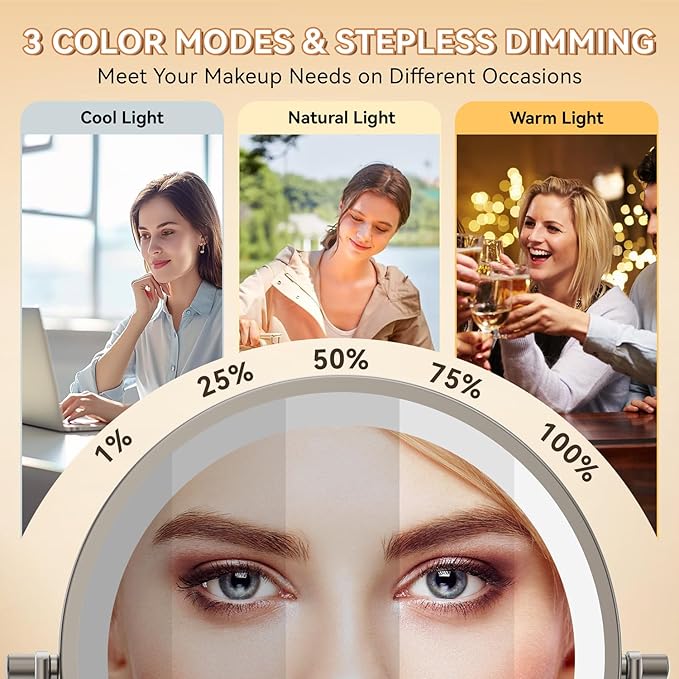 1X/20X Wall Mounted Makeup Mirror with Light, 8" Rechargeable Double-Sided Magnifying Mirror, Vanity Mirror Dimmable 3 Color Light, 360° Extension Rotation Foldable 14.5 Inch Arm, Brushed Nickel