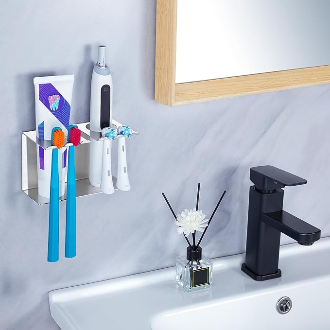 Toothbrush Head Holders, Electric Tooth Brush Head Holder, Wall Mounted Toothpaste Holder for Bathrooms Shower, Adhesive Tooth Brushing Holder Razor Holder Organizer Storage (Silver)
