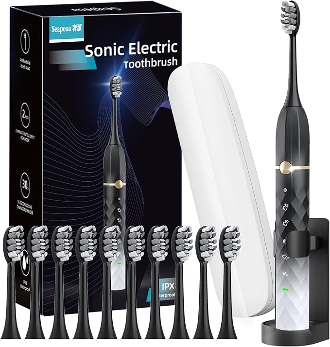 Electric Toothbrush Set, Equipped with 10 Brush Heads and Travel case, IPX8 Waterproof, 2-Minute Timer, 42000 high-Frequency Vibrations, 5 Modes, The First Choice for Gift Giving