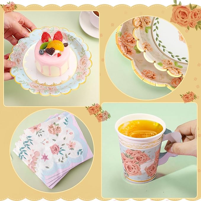 Yungyan 216 Pcs Tea Party Plates and Napkins Sets Serve 72 Guests Floral Disposable Tea Party Supplies Paper 6" Plates and Napkins and 9 oz Cups with Handle for Garden Spring Birthday Wedding