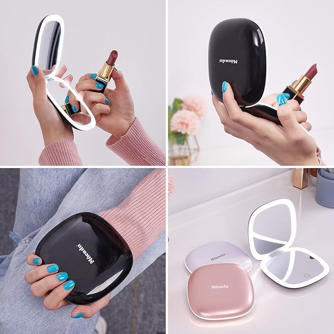 Mocado Compact LED Magnifying Travel Makeup-Mirror - 4 inches 1X/10X Magnification Small Hand Pocket Dimmable Double Sided USB Rechargeable Touch Screen, Portable Tabletop Cosmetic (Black)