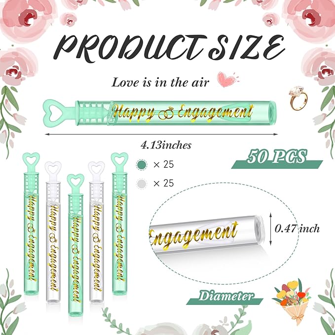 50 Packs Happy Engagement Bubbles Wedding Proposal Table Decorations White and Green Heart Bubbles Bridal Shower Favors Guests Gifts for Engagement Party Supplies (Gold)