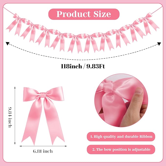 Dusty Pink Bow Garland Bow Banner Bow Party Decorations Pre-Strung Large Coquette Satin Ribbon for Birthday Bachelorette Party Bridal Shower Wedding Engagement Baby Shower