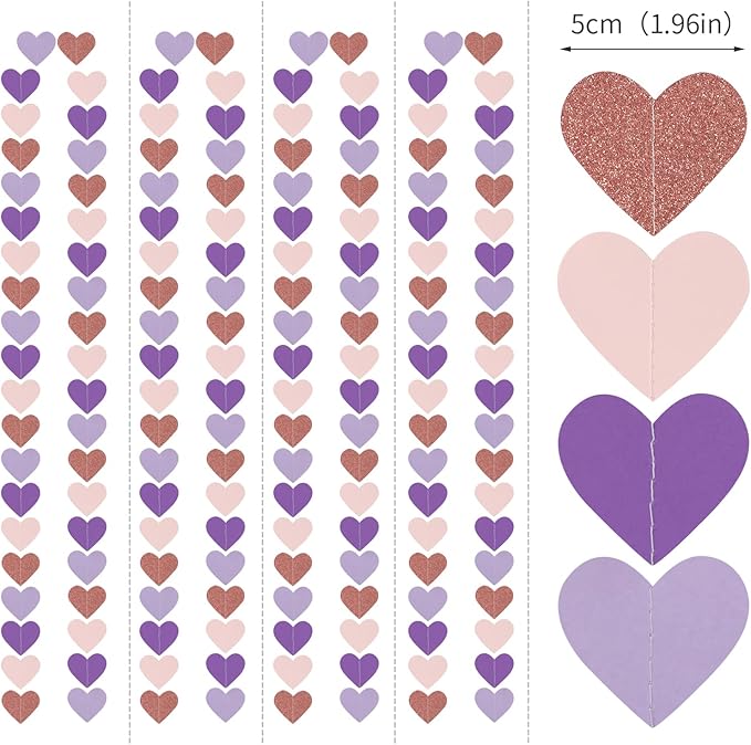 Rose-Gold Pink-Purple Party-Decorations Heart Garland - 52Ft Streamers Baby Shower Decorations Girl Women Birthday Hanging Paper Banner,Valentines Day Wedding Engagement Decor Lasting Surprise