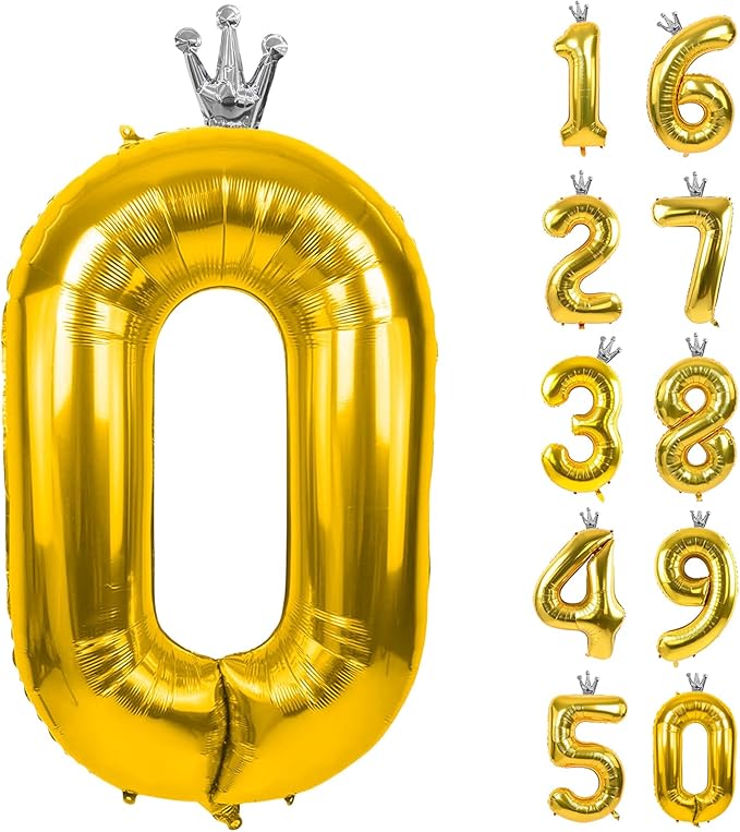Gold Number 0 Balloon with Crown, 40 inch Gold Number Balloon 0th Birthday Party Decoration Gold Crown Balloons 0-9 for Birthday Party Anniversary Decorations Supplies
