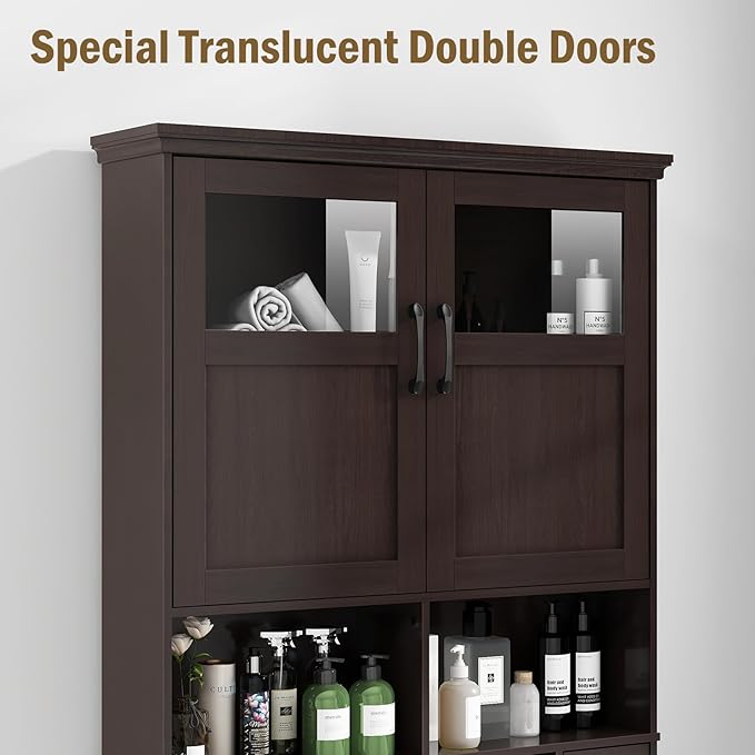 Over The Toilet Storage Cabinet, Storage Cabinet Over Toilet with Double Doors & Toilet Paper Holder Stand, Freestanding Toilet Shelf Space Saver with Anti-Tip Design & Adjustable Shelf, Espresso