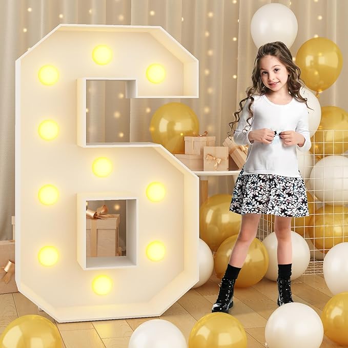 Marquee 4ft Numbers with Light up Number 6 White Mosaic Frame Slots-in Letter 6 for 6th Birthday Party Decorations Pre-Cut Cardboard Large Giant Cut-Out Thick Foam Board Sign Anniversary Graduation
