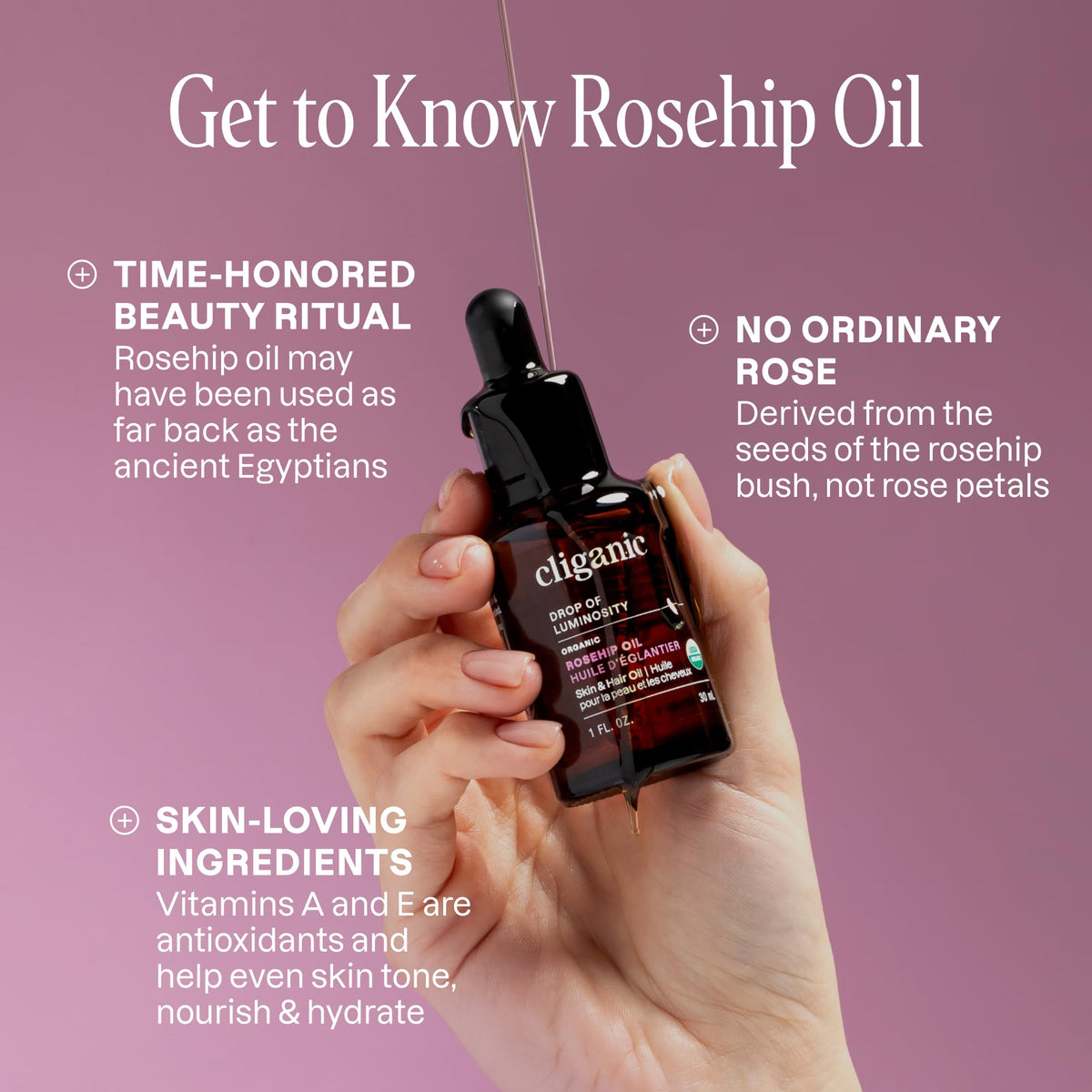 Cliganic Organic Rosehip Seed Oil for Face, 100% Pure | Natural Cold Pressed Unrefined Non-GMO | Carrier Oil for Skin, Hair & Nails (Packaging May Vary)