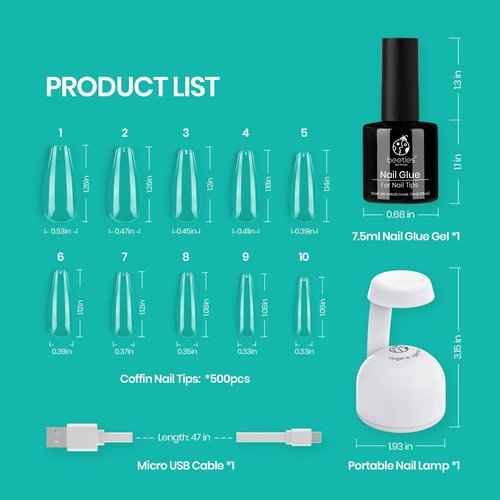 Beetles Nail Tips and Glue Gel Nail Kit, 2 In 1 Nail Gel and Base Gel with 500Pcs Coffin Nails and Innovative UV LED Lamp Easy DIY Fast Nail Extension Set, 48W LED Nail Lamp 6 Colors Starter Kit