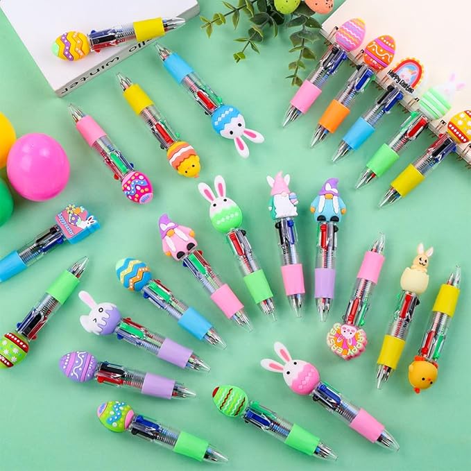 24PCS Easter Fun Pens Cute Multicolor Ballpoint Pens 4 Colors in 1 Kawaii Bunny Easter Egg Chicken Rainbows Gnome for Easter Basket Stuffers Party Favors Supplies Rewards Holiday Gifts