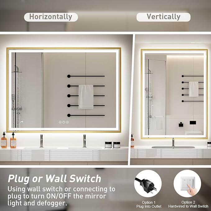 48X30 Inch Led Bathroom Mirror,Front and Backlit Lighted Mirror,Gold Metal Frame Vanity Light Mirror for Wall,Double Lights Strips,Anti Fog Stepless 3 Colors Temperature & Dimmable